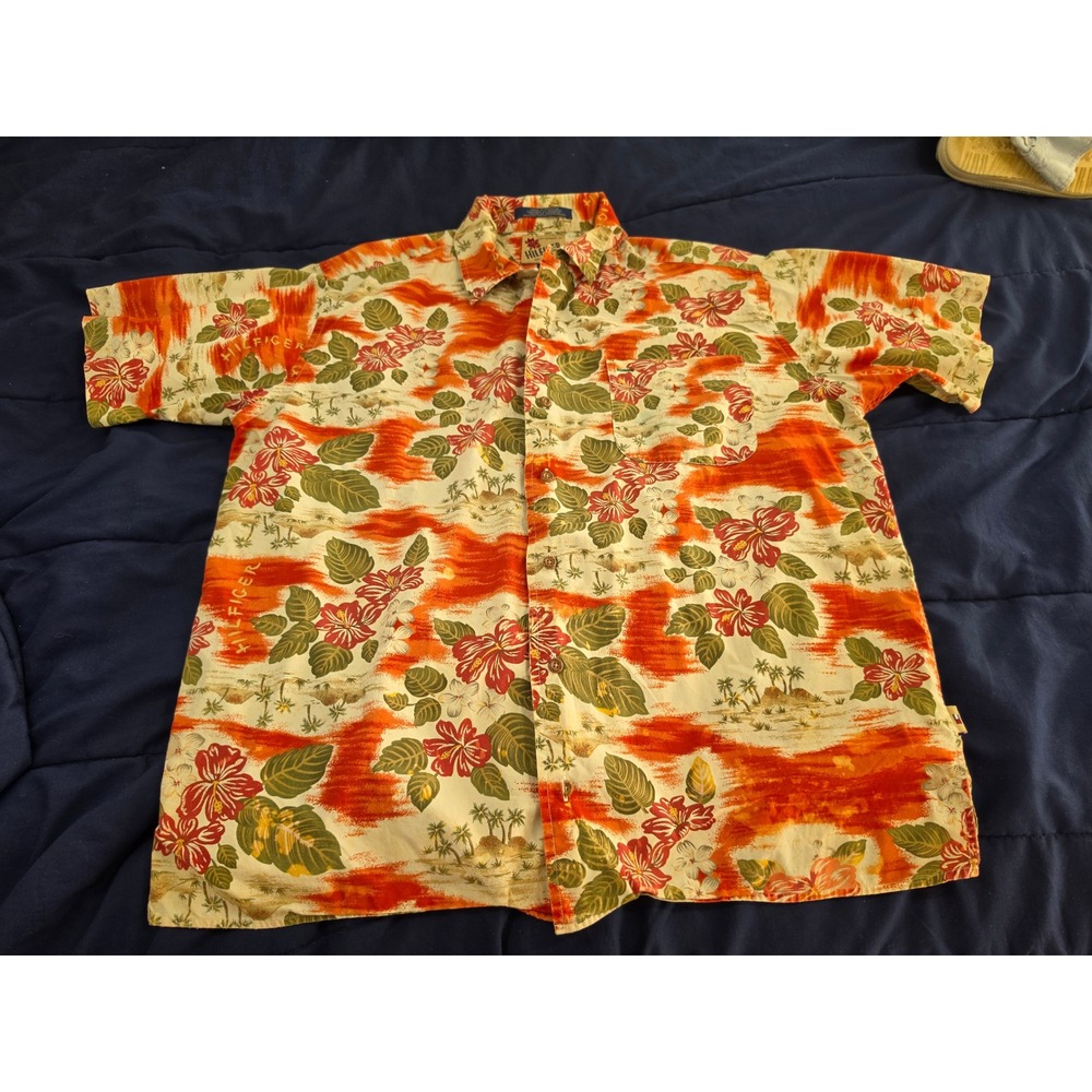 Tommy Hilfiger Mens Large Tropical Aloha Shirt Hibiscus Palm Tree Cotton Orange